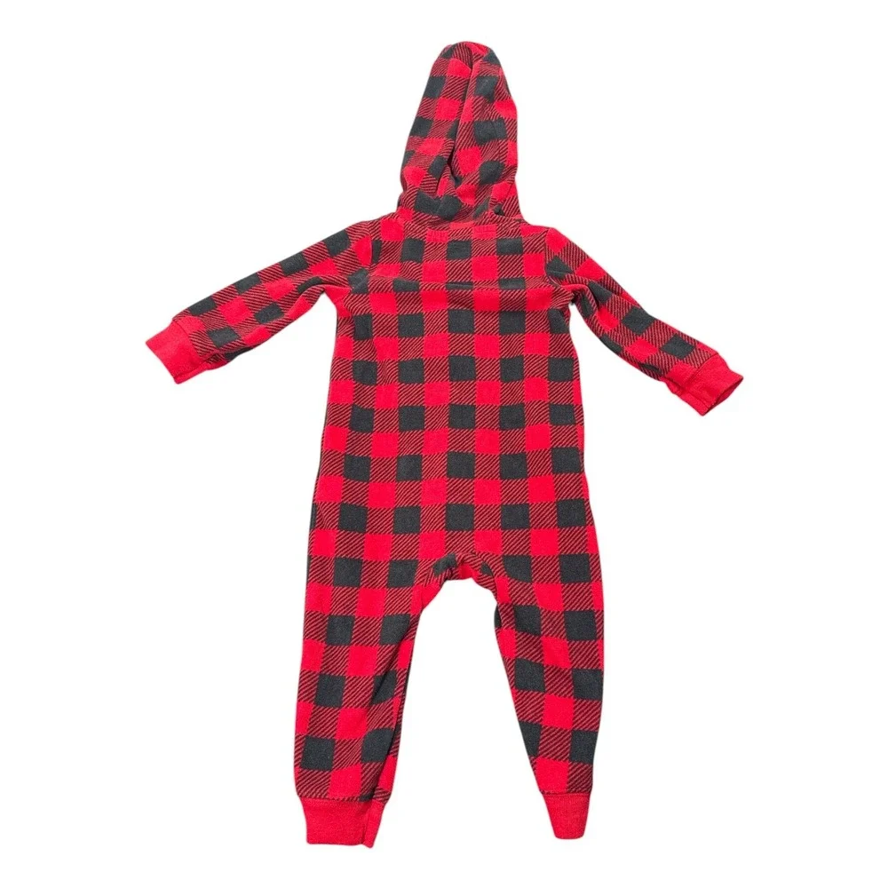 Carters Just One You Baby 12M Red Black Buffalo Plaid Fleece Hooded Sleeper Bear